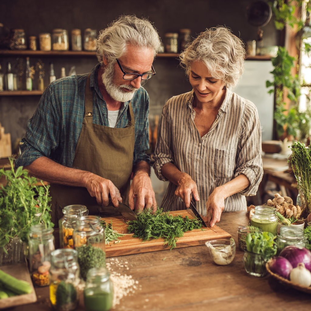 Middle-aged adults preparing natural herbs and healthy foods for cardiovascular health