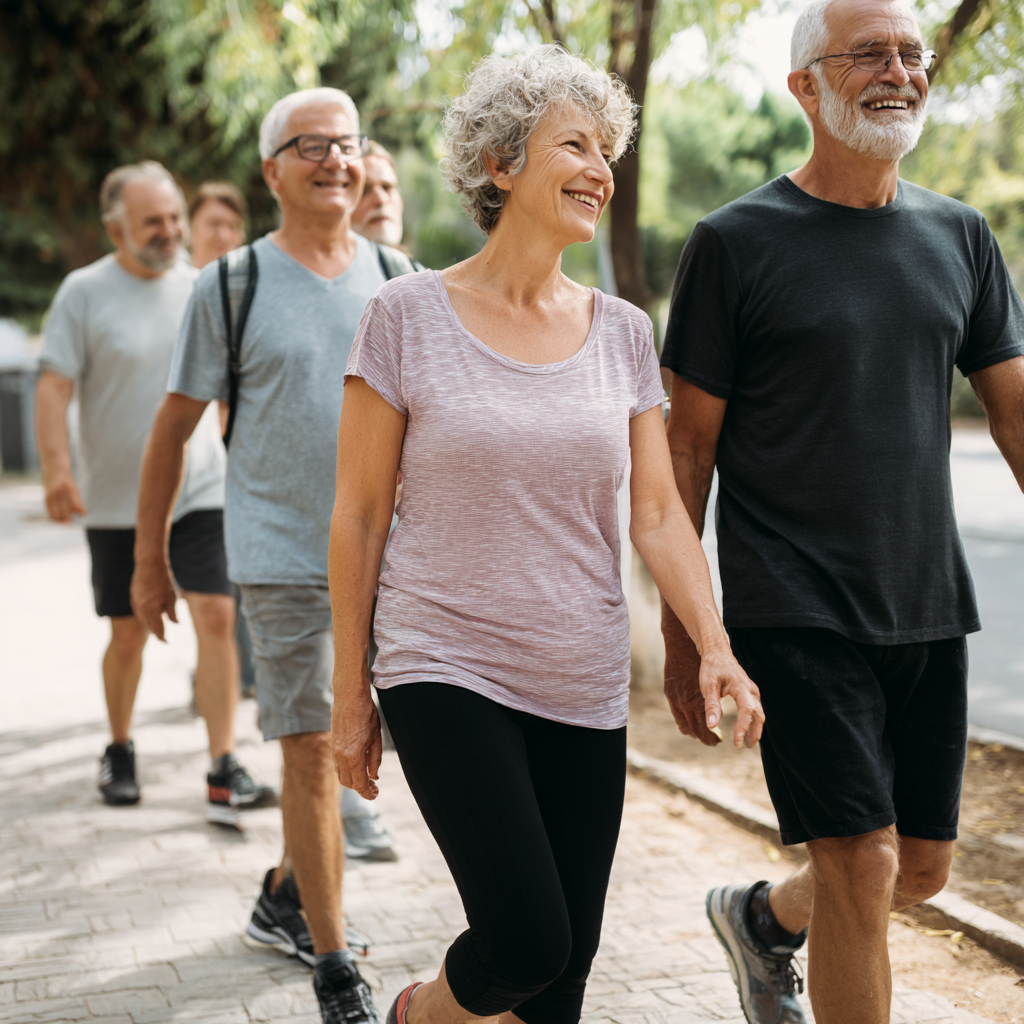 Middle-aged and older adults engaging in healthy walking exercise outdoors